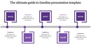 Timeline presentation template with five purple boxes each containing a year and caption, connected by a grey path.