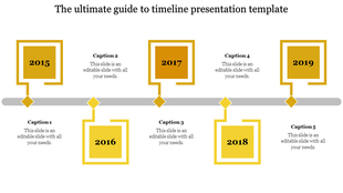 Pentagon themed timeline with alternating colors and 3D effects, spanning 2011-2019, with placeholder text above and below.