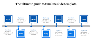 Timeline PPT slide with seven blue milestones from 2016 to 2022, each with a caption and grey connecting line.