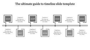 Horizontal timeline with alternating gray square milestones from 2016 to 2022, linked by a gray horizontal bar.