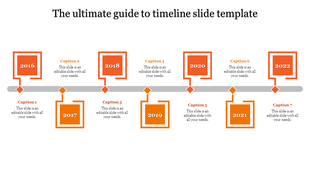 Timeline presentation slide with seven milestones, each marked by an orange square box with a year and caption.