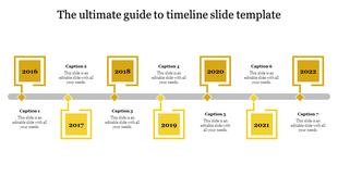 Timeline presentation slide with seven milestones, each marked by a yellow square with a year and caption.