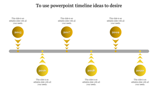 Timeline PPT slide with years 2015 to 2020, featuring yellow circular markers and arrows pointing downward and upward.