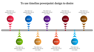 Vibrant timeline displaying years 2015 to 2023 along a central gray bar, with milestones alternating above and below.