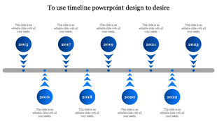 Horizontal timeline with blue circles representing years 2015 to 2023, connected by arrows above and below a gray line.