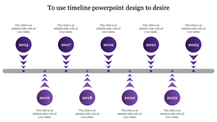 Timeline featuring years 2015 to 2023, with purple circles connected by arrows to a central line and placeholder text.