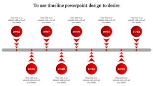 Timeline ideas slide with red circles for 2015 to 2023, connected by a gray horizontal line and downward pointing arrows.