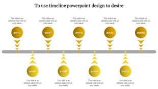 Yellow themed timeline with nine arrows and circles marking events, structured in an alternating pattern.