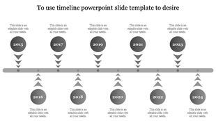 A minimalist timeline slide displaying key years from 2015 to 2024, with placeholders for additional details.