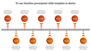 Timeline PPT slide with years 2015 to 2024, featuring orange circular markers with upward and downward pointing arrows.