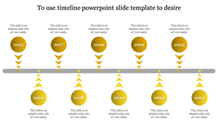 Modern timeline with yellow circles marking milestones from 2015 to 2023, linked by triangular arrows to a central gray bar.
