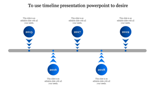 Timeline PowerPoint slide with years 2015 to 2019, each represented by blue circular markers with upward and downward arrows.