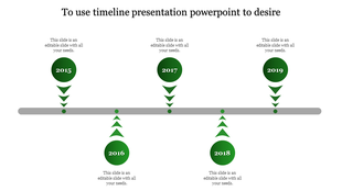 Horizontal timeline with green circular milestones, downward arrows, and text placeholders aligned along a central gray bar.