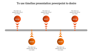 Timeline PPT slide with years 2015 to 2019, featuring orange circular markers with upward and downward pointing arrows.