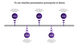 Purple toned timeline with five circular shapes for events, arrows directing towards a horizontal bar for a structured flow.