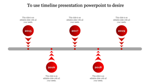 Infographic timeline with red circular year markers, arrow indicators, and text placeholders along a horizontal gray bar.