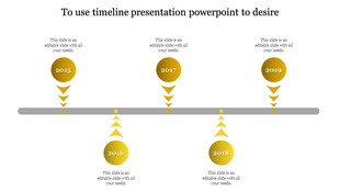 Timeline PPT slide with years 2015 to 2019, featuring yellow circular markers with upward and downward pointing arrows.