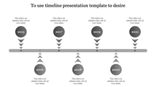 Timeline PPT slide with years 2015 to 2021, marked with grey circular year markers and arrows pointing downward and upward.
