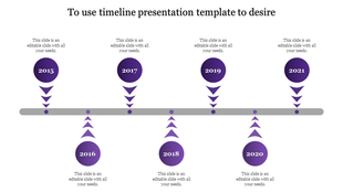 Purple circular timeline from 2015 to 2021, with alternating years placed on a central horizontal line, connected by arrows.