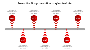 Slide with a timeline from 2015 to 2021, featuring colored arrows and circles with placeholder text areas.