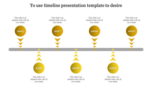 Timeline PPT slide with years 2015 to 2021, marked with yellow circular year markers and arrows pointing downward and upward.