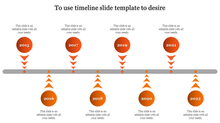 Timeline slide with eight orange gradient circles, labeled from 2015 to 2022, arranged along a horizontal path with arrows.