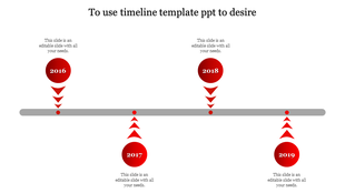 Timeline ideas template with years 2016 to 2019, each year represented by a red circular marker with arrows and text area.