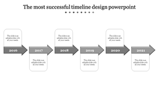 Grey arrow timeline design PowerPoint slide with years from 2016 to 2021 and placeholder text.