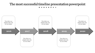 Monochrome timeline featuring five gray arrows pointing right, displaying years 2016 to 2020 with placeholder text boxes.
