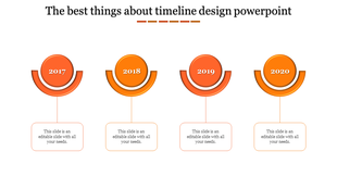 Orange themed timeline presentation template with year markers from 2017 to 2020 with placeholder text.