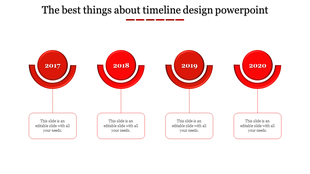Vibrant red timeline graphic featuring four semi circular milestones from 2017 to 2020, linked to text boxes.