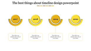Yellow themed timeline presentation template with year markers from 2017 to 2020 with placeholder text.