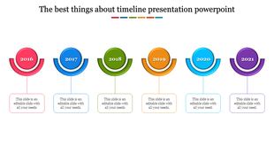 Colorful timeline PowerPoint template with year markers from 2016 to 2021, featuring placeholder text.