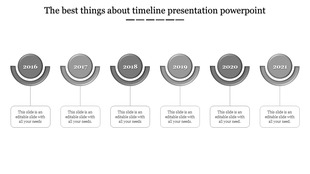 Timeline presentation template with grey circular year markers from 2016 to 2021, featuring text placeholders.