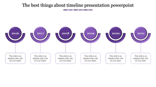 Timeline presentation template with purple year markers from 2016 to 2021, featuring text placeholders.