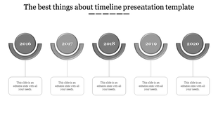 Monochrome timeline diagram featuring five milestones labeled 2016 to 2020, each linked to a rectangular text box.