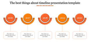 Timeline template with five circular orange markers and curved elements, representing years 2016 to 2020.