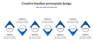 Creative timeline with seven blue triangular markers, each highlighting a year from 2016 to 2022.