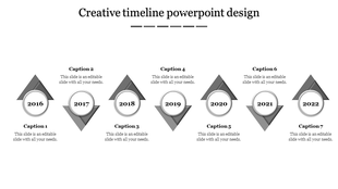 Grayscale timeline template featuring seven triangular pointers with circular year labels from 2016 to 2022.