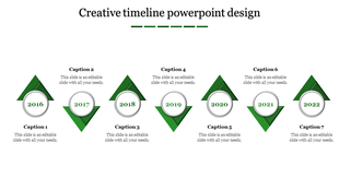 Creative timeline PowerPoint design with green triangular markers from 2016 to 2022 with captions.