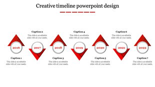 Creative timeline PowerPoint design slide with red triangular markers from 2016 to 2022 with captions.