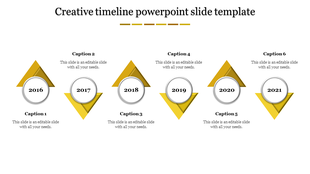 Creative timeline PPT slide with yellow triangles and years from 2016 to 2021 with placeholder text.