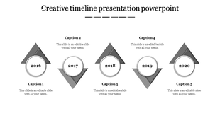 Creative timeline PowerPoint template with grey color triangular markers from 2016 to 2020 with captions.