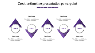 Creative timeline PowerPoint template with purple color triangular markers from 2016 to 2020 with captions.