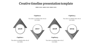 Grayscale timeline with four triangular markers, each containing a circular year label from 2016 to 2019.