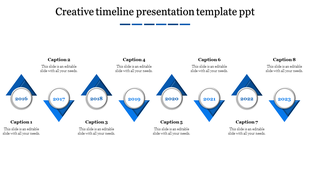 Creative PowerPoint timeline slide with blue triangular markers from 2016 to 2023 with captions and placeholder text.