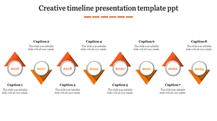 Creative PowerPoint timeline slide with orange triangular markers from 2016 to 2023 with captions.