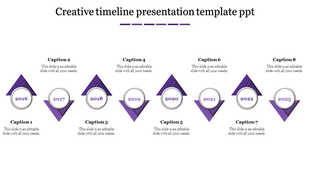 Creative timeline with eight purple triangular markers, each highlighting a year from 2016 to 2023.
