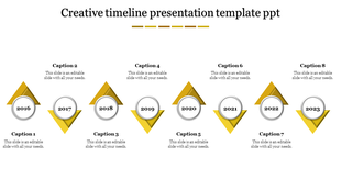 Creative PowerPoint timeline slide with yellow triangular markers from 2016 to 2023 with captions.