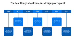 Horizontal timeline with years 2016 to 2022 in blue rectangles, each connected to a placeholder text box below.